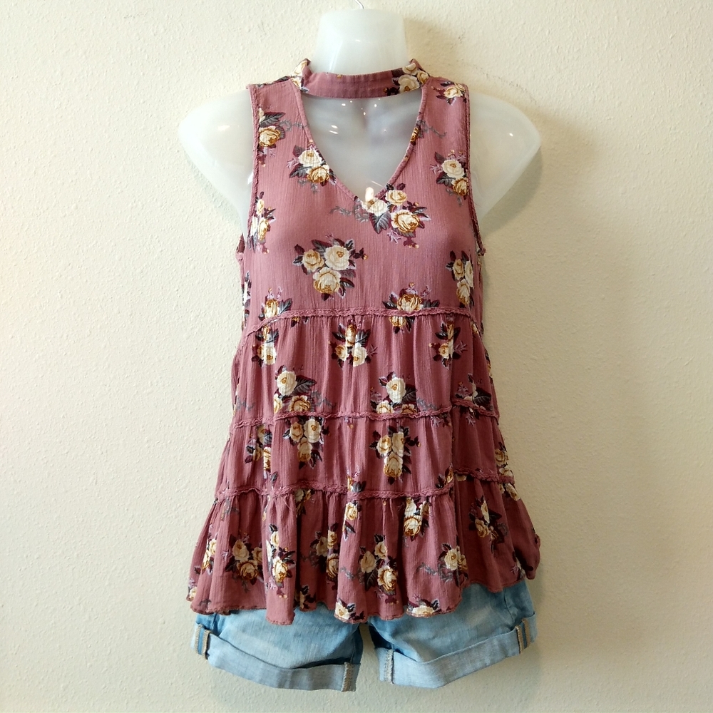 American Eagle Floral Keyhole Mock Neck Blouse Top Size XS